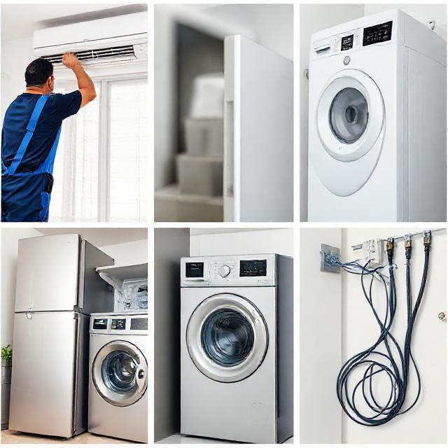 Collage of a professional technician repairing an air conditioner, a refrigerator, a washing machine, and performing electrical wiring installation. Bright, clean Indonesian home setting, realistic photography, high detail.