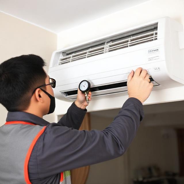 Professional technician servicing a wall-mounted air conditioner, checking refrigerant with manifold gauge, wearing safety gear, Indonesian home interior, realistic photo.