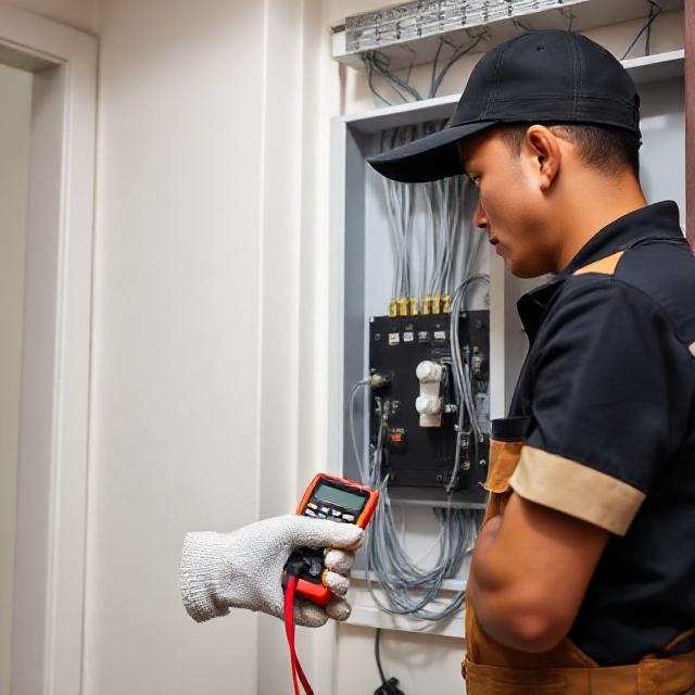 Certified electrician installing an electrical panel and neat wiring, using tester, safety gloves, realistic photo, Indonesian home.