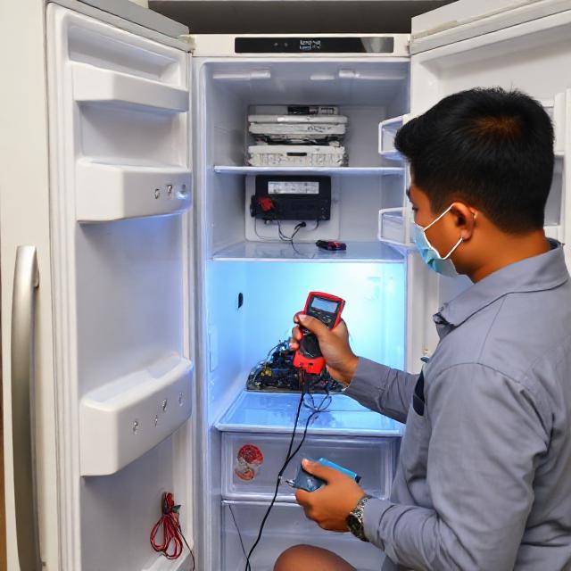 Technician repairing a household refrigerator using multimeter and tools, open fridge panel, realistic photo, Indonesian home kitchen.